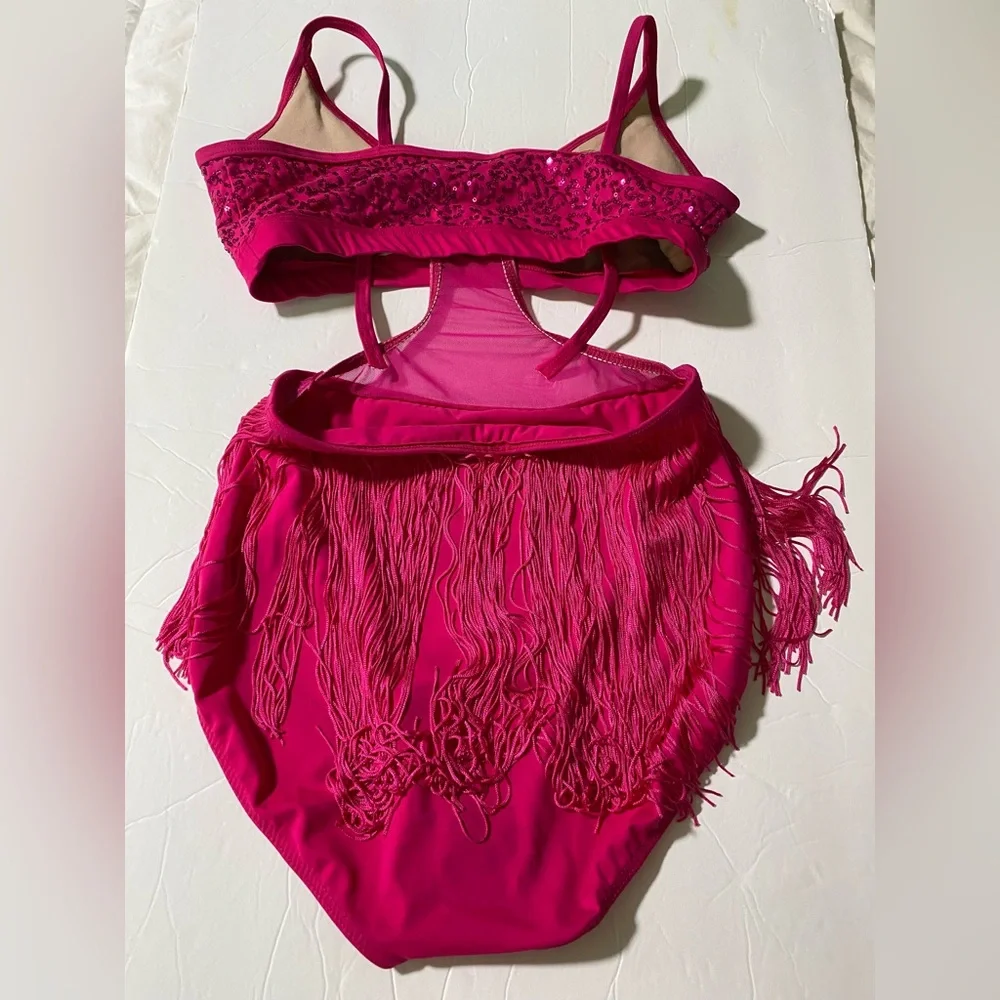 WEISSMAN elite Dance hot pink Costume SEQUIN AND FRINGE LEOTARD D10201 MA adult